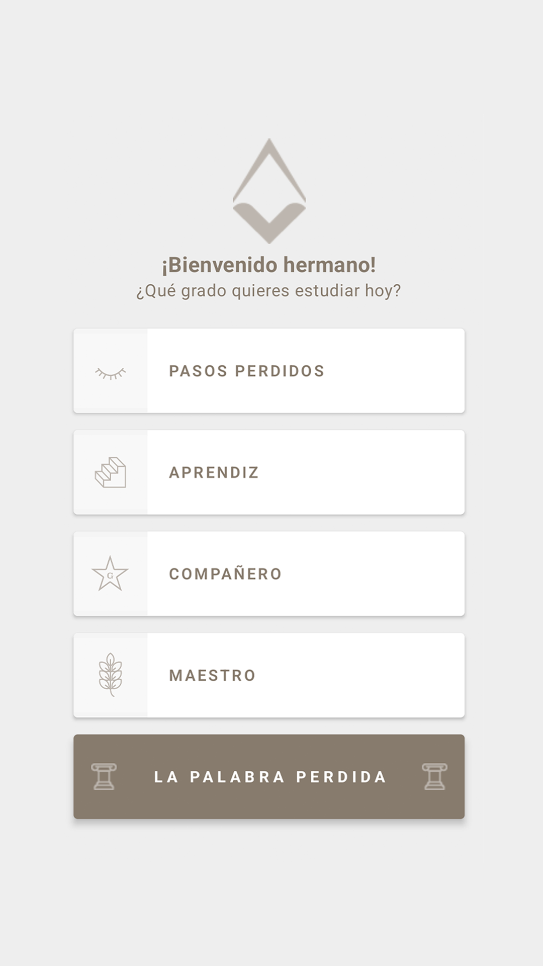Pantalla principal de Vitriol App mostrando los grados masónicos y biblioteca de la logia